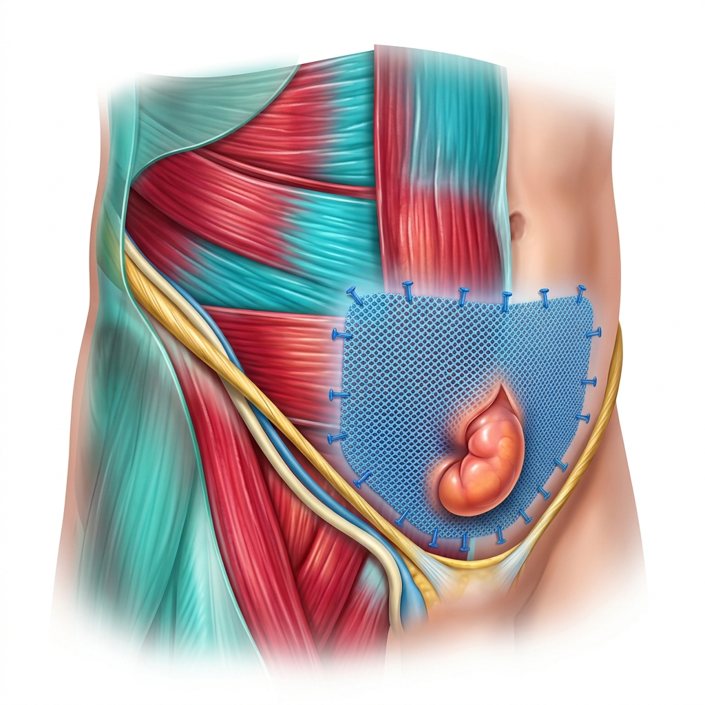 Colorful medical illustration of the abdominal wall showing hernia repair with surgical mesh and muscle layers