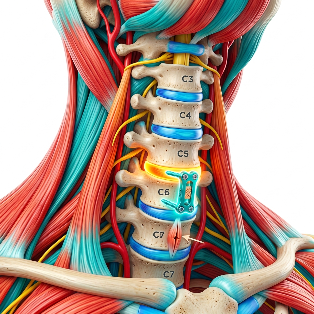 Colorful medical illustration of the cervical spine showing ACDF surgery anatomy with vertebrae, discs and neck muscles