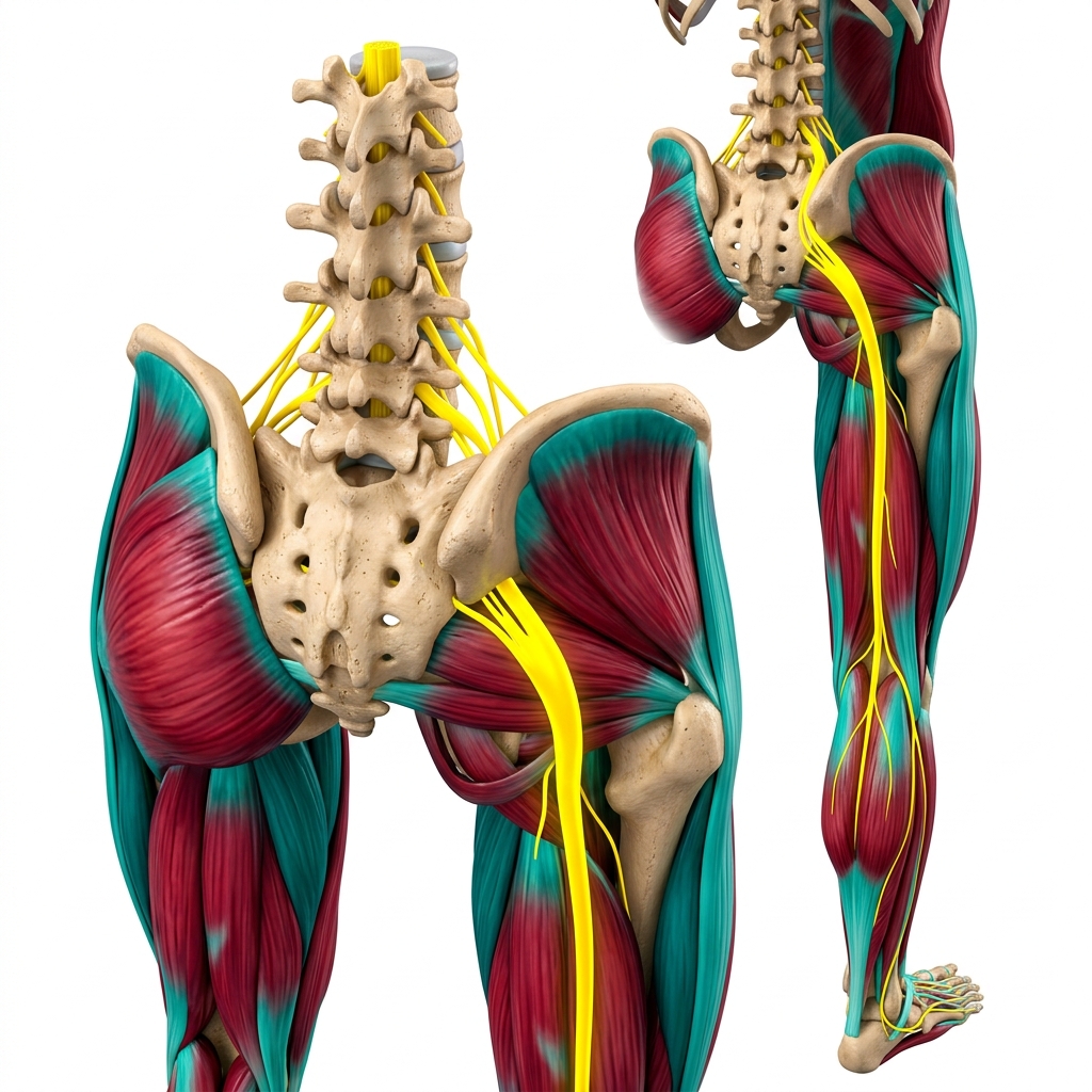 Colorful medical illustration showing the lumbar spine and sciatic nerve pathway running down through the leg and buttock
