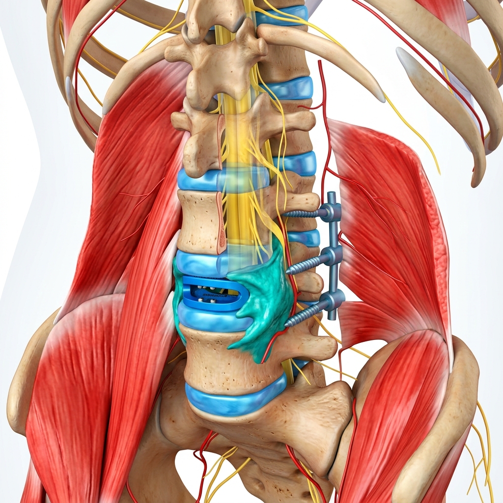 Colorful medical illustration of the lumbar spine showing vertebrae, intervertebral discs, spinal cord and surgical hardware
