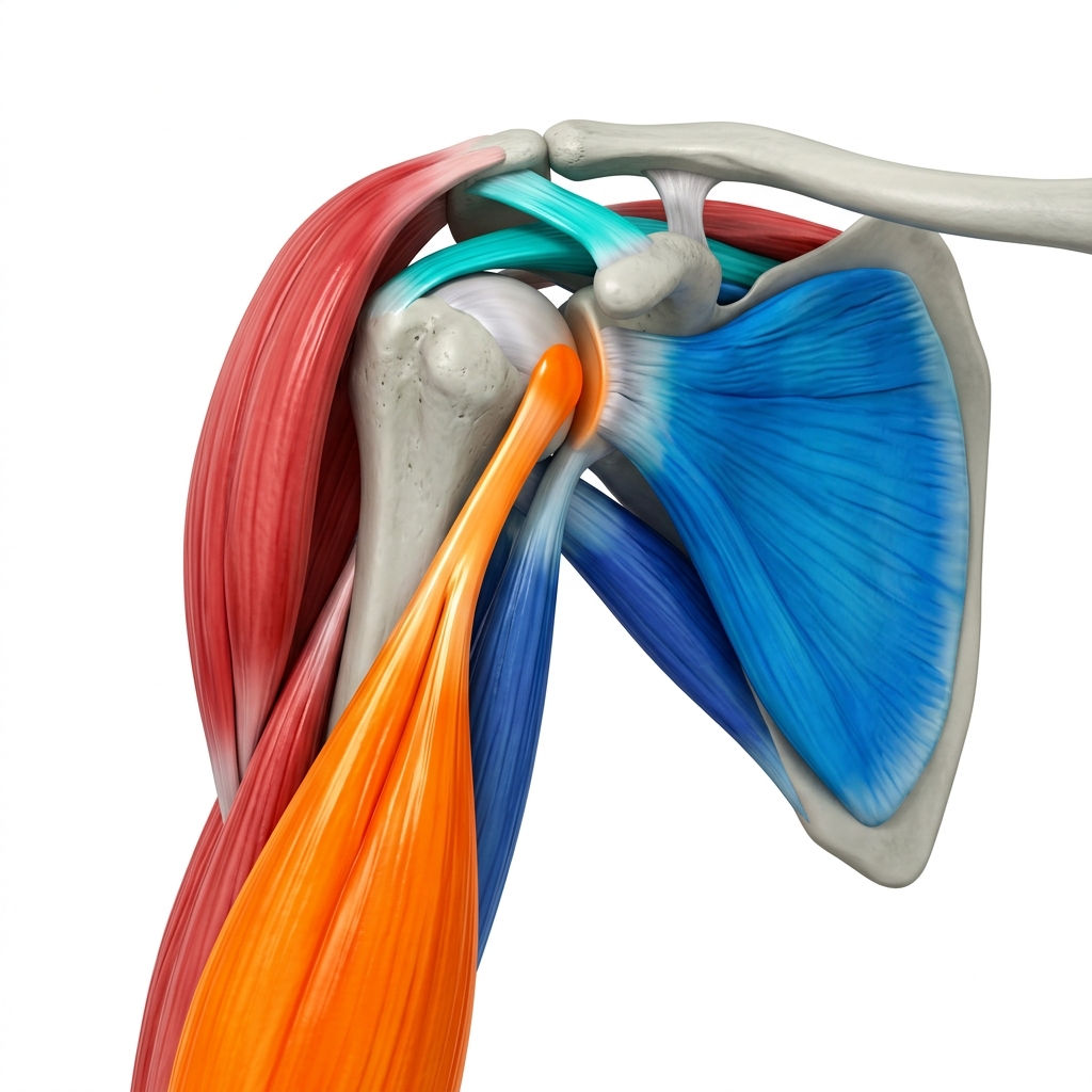 Colorful medical illustration of the shoulder showing the bicep tendon and its attachment to the shoulder joint
