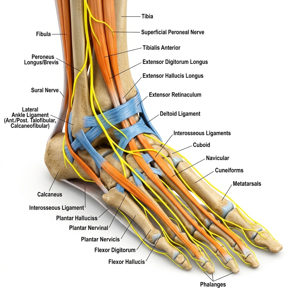 Colorful medical illustration of the foot and ankle showing nerve pathways, tendons and ligaments