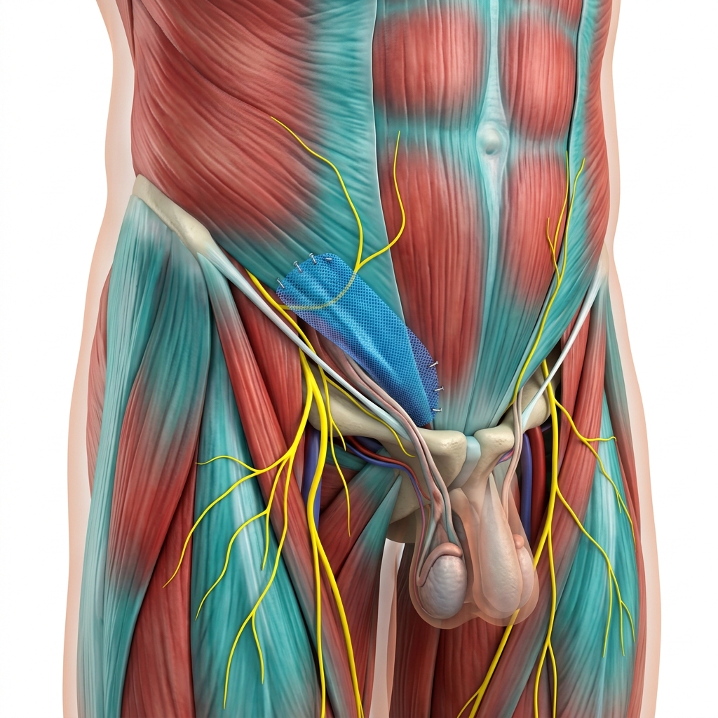 Colorful medical illustration of the inguinal region showing hernia repair mesh and nearby nerve pathways