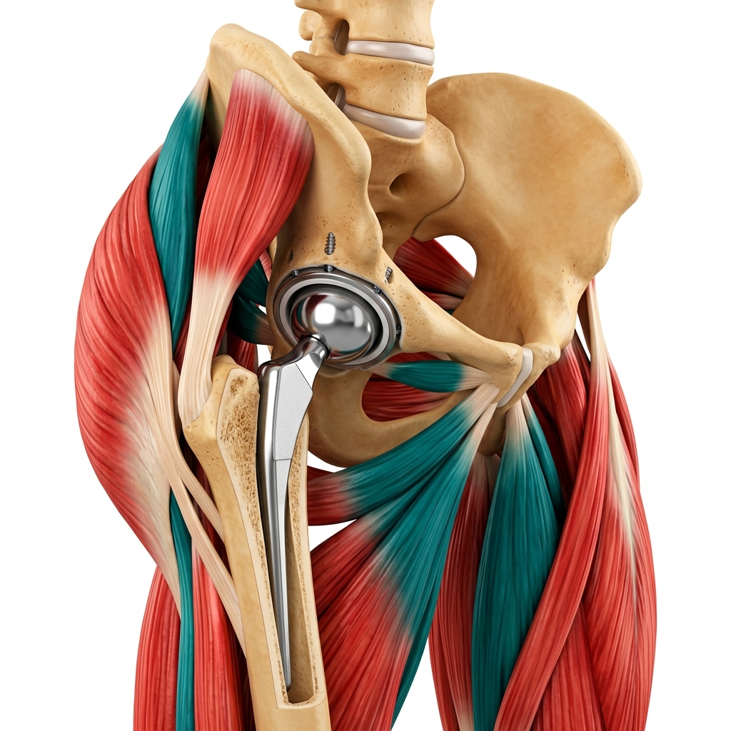 Colorful medical illustration of a hip joint with a prosthetic hip replacement implant showing ball and socket components