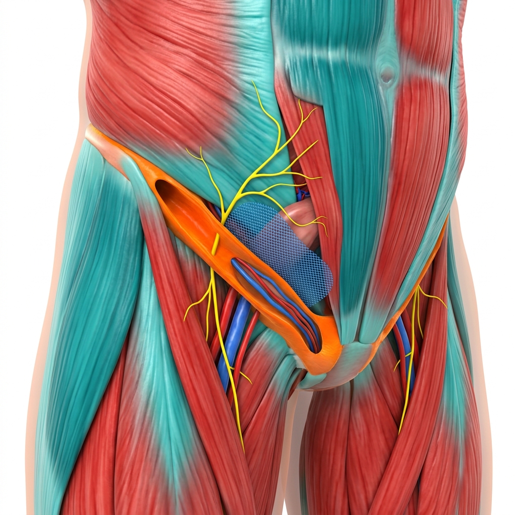 Colorful medical illustration of the inguinal region showing inguinal hernia repair with mesh, muscles and nerve pathways