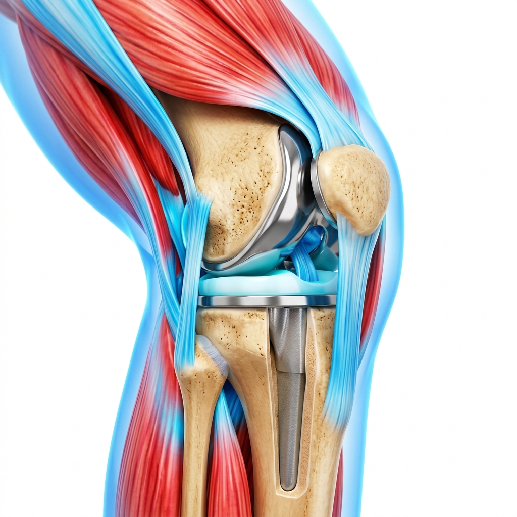 Colorful medical illustration of a knee joint with a prosthetic knee replacement implant surrounded by muscles and tendons