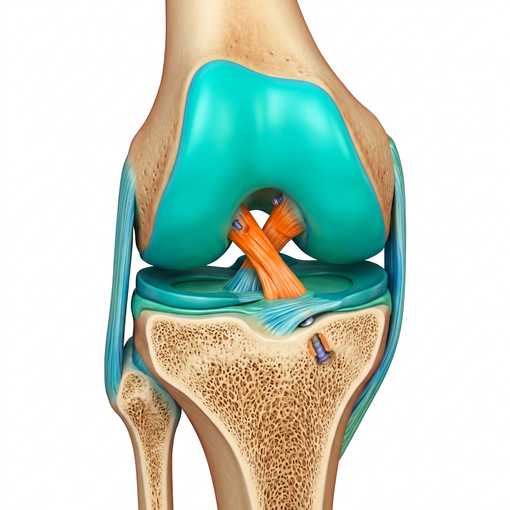 Colorful medical illustration of the knee joint cross-section showing cartilage, ACL, PCL ligaments and bone structures