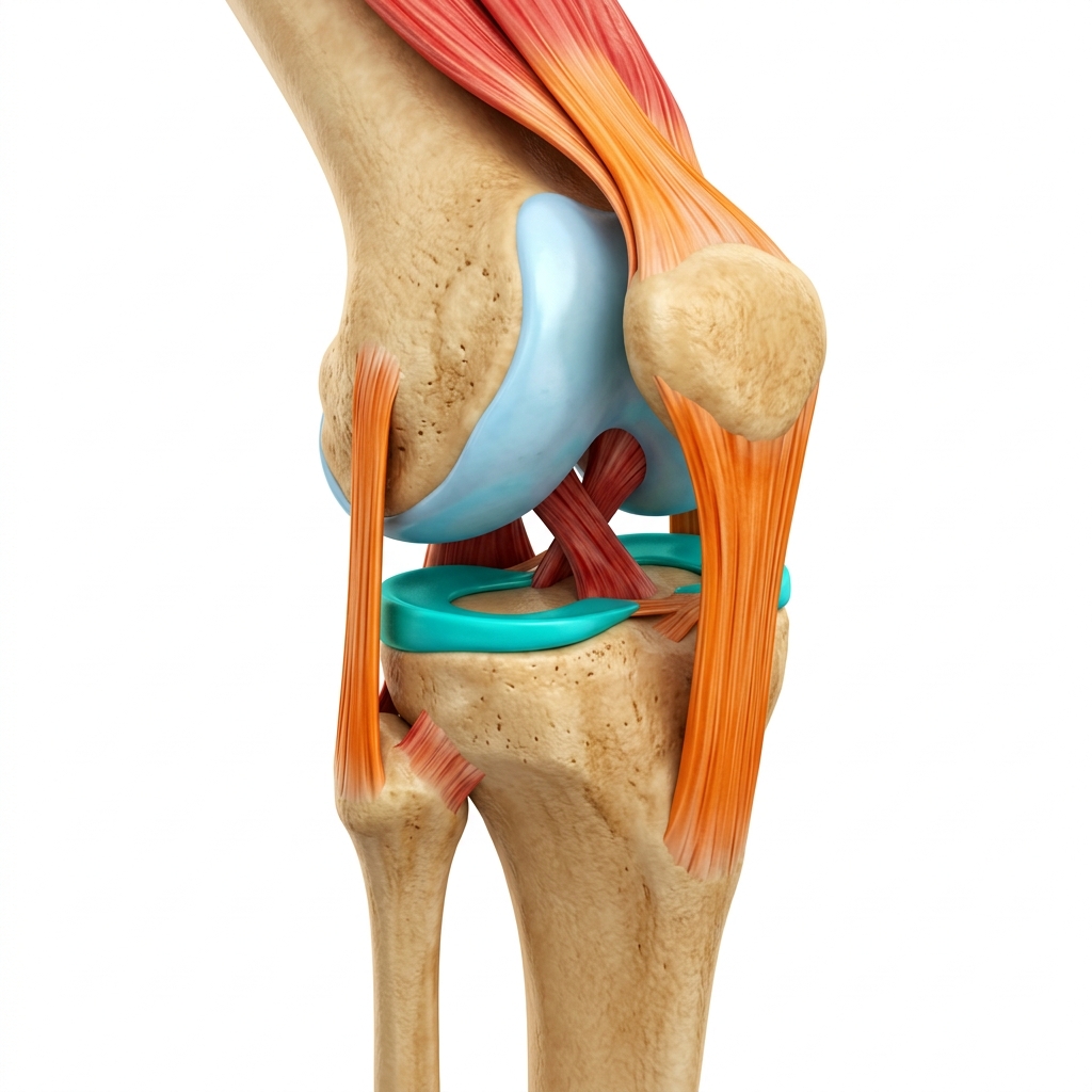 Colorful medical illustration of the knee joint showing the meniscus cartilage, ligaments and surrounding bone structures
