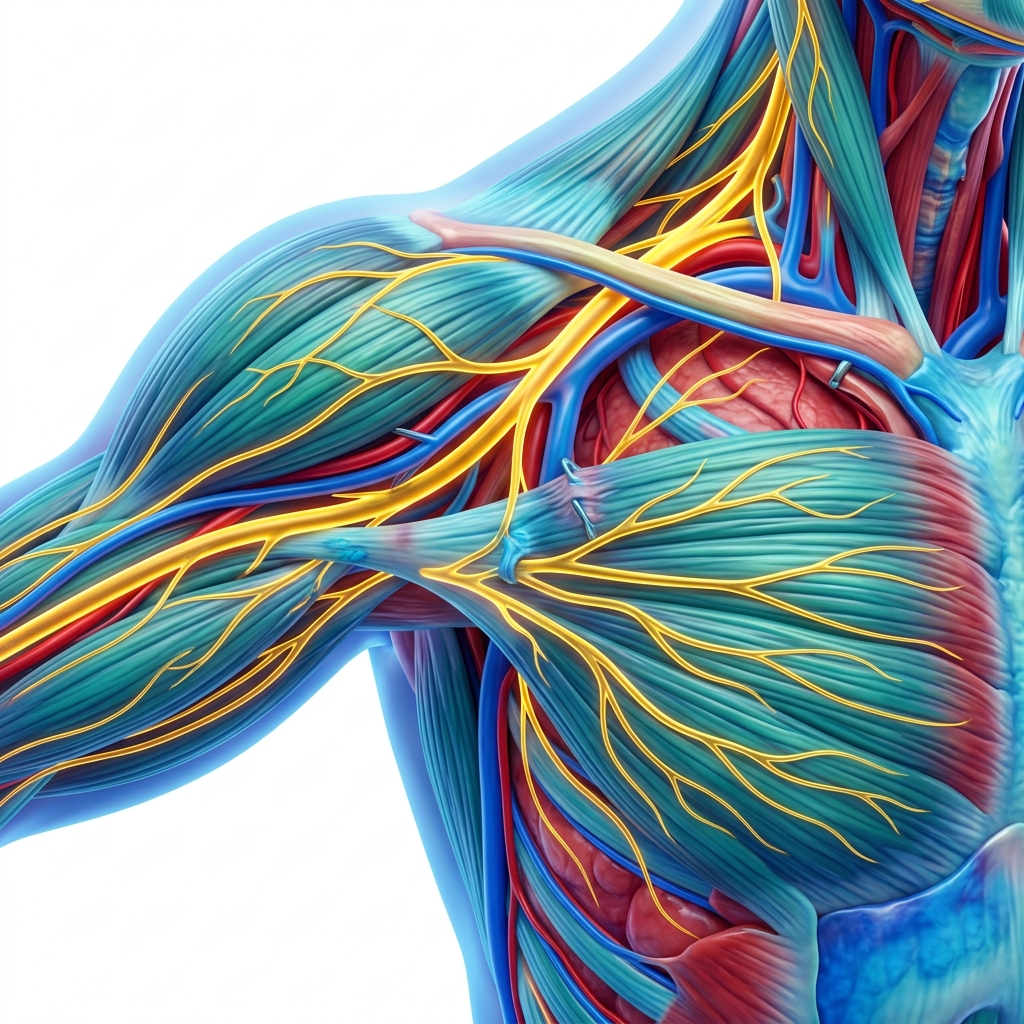 Colorful medical illustration showing nerve pathways branching through muscles and tissues after surgery