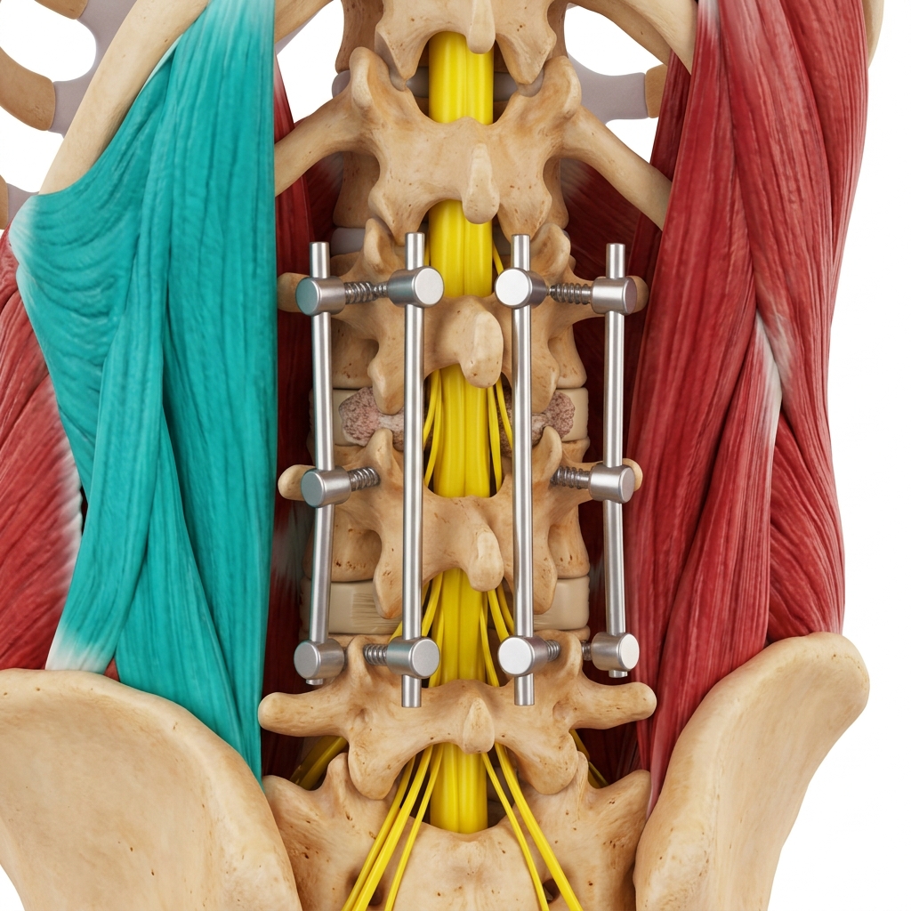 Colorful medical illustration of the lumbar spine showing spinal fusion hardware with rods, screws and spinal cord