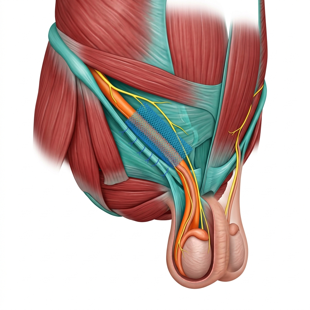 Colorful medical illustration of the inguinal and scrotal region showing anatomy after inguinal hernia surgery with spermatic cord