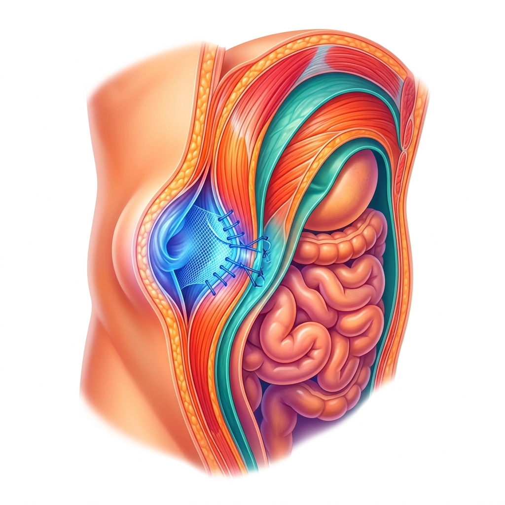Colorful medical illustration of the abdomen showing umbilical hernia repair at the navel with surgical mesh